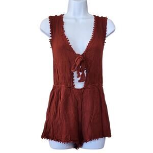 Forever 21 Womens Crinkle Romper Shorts Size M Burnt Orange Sleeveless Tie Front